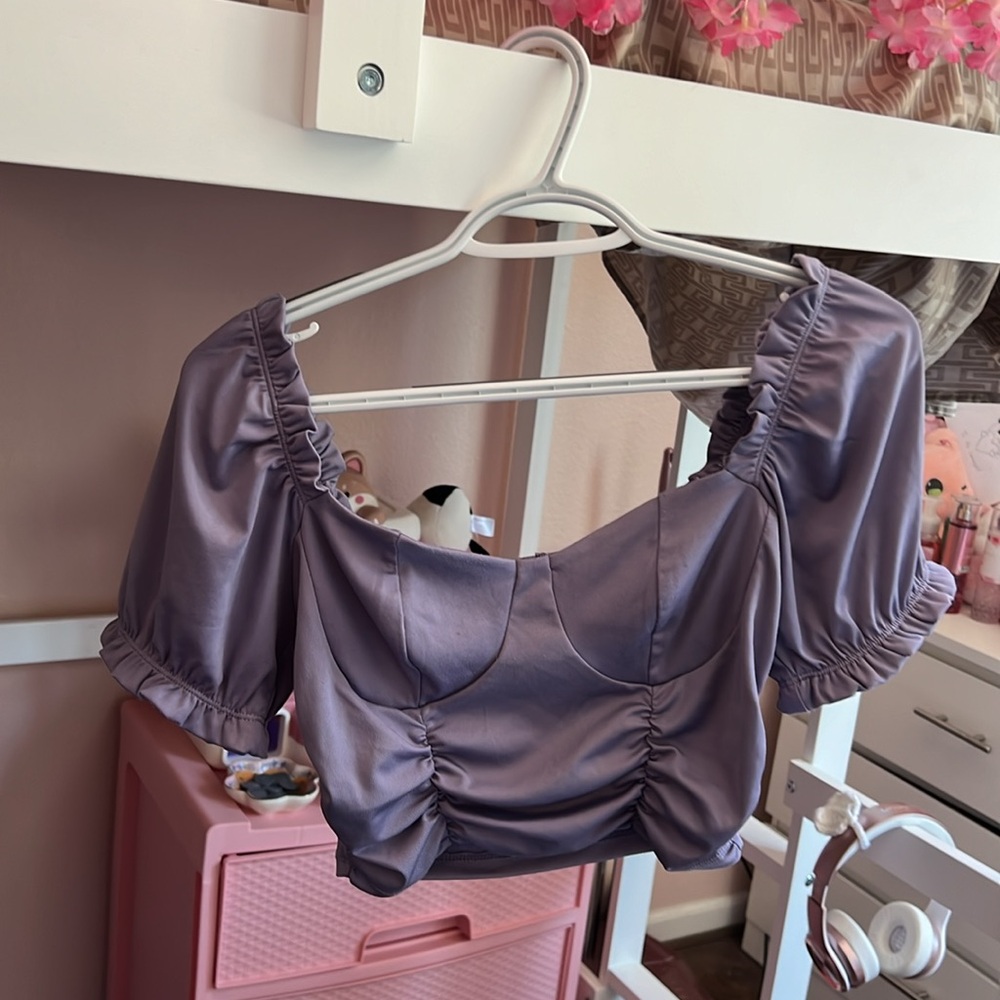 Iris lavender/purple corset style crop top with puffy sleeves